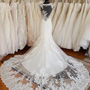Ella Rosa Be274 Ivory 14 Beaded Lace Wedding Dress with Illusion Train